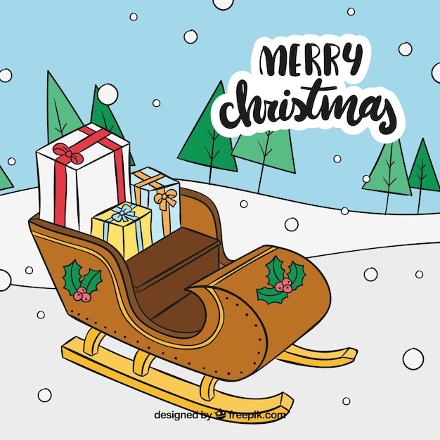 Free vector background of sled with hand drawn gifts