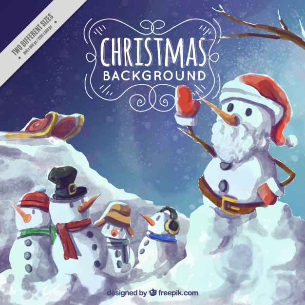 Free Vector background of snowy landscape and watercolor snowmen