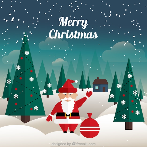 Free Vector background of snowy landscape with santa claus and gifts sack