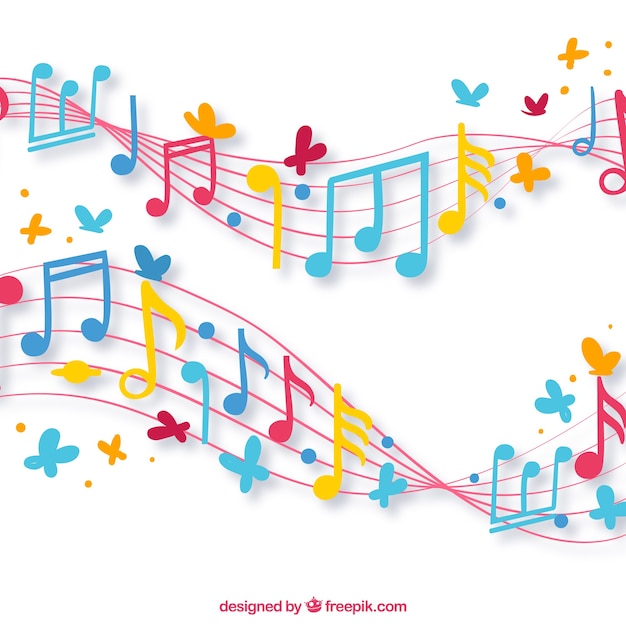 Free Vector background of staves with colorful musical notes