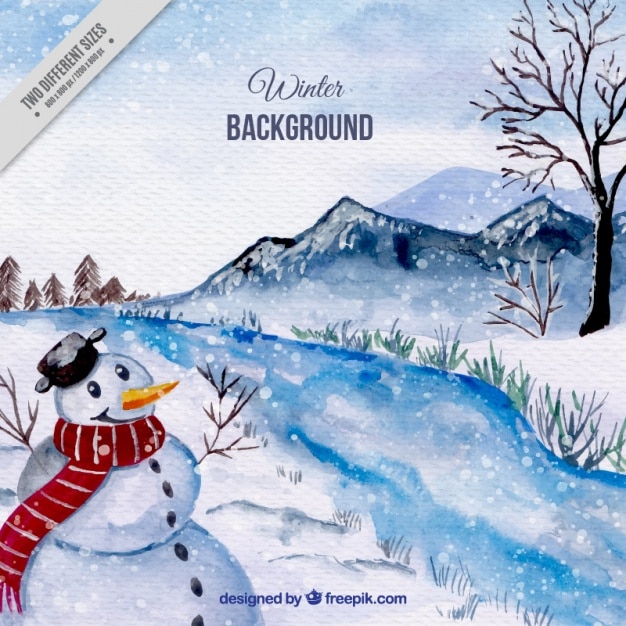 Free Vector background of watercolor snowy landscape with snowman