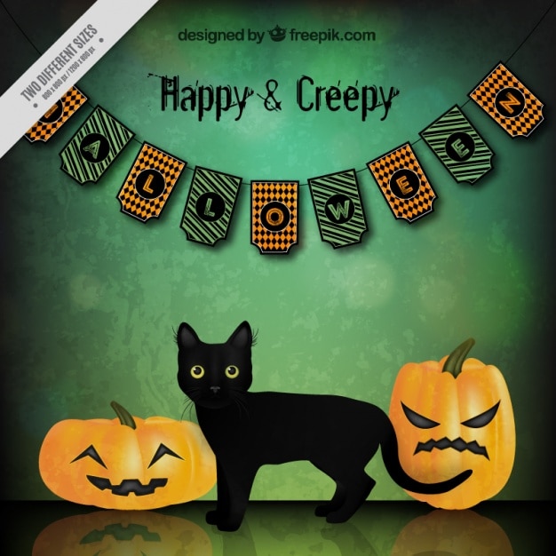 Free Vector background with a black cat and two pumpkins for halloween