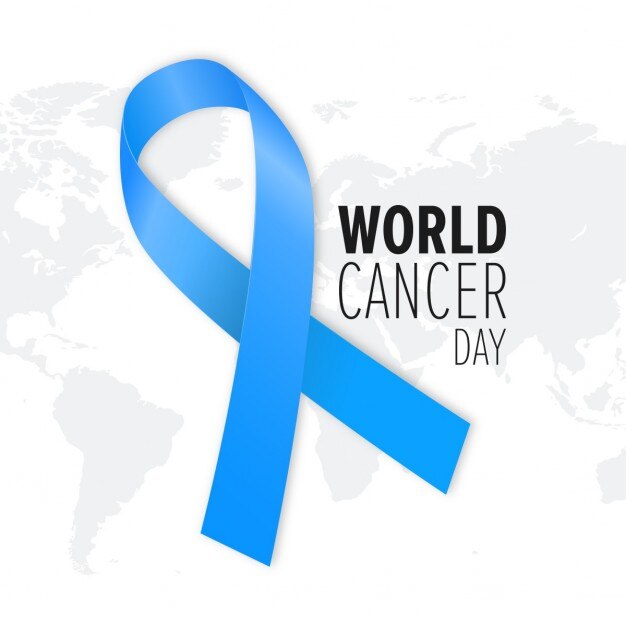 Background with a blue ribbon and map, world cancer day