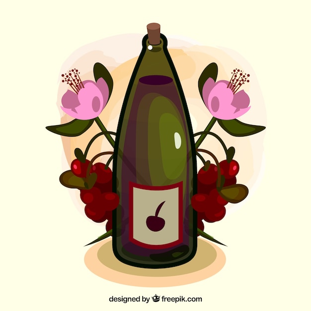 Free Vector background with a bottle of wine and flowers