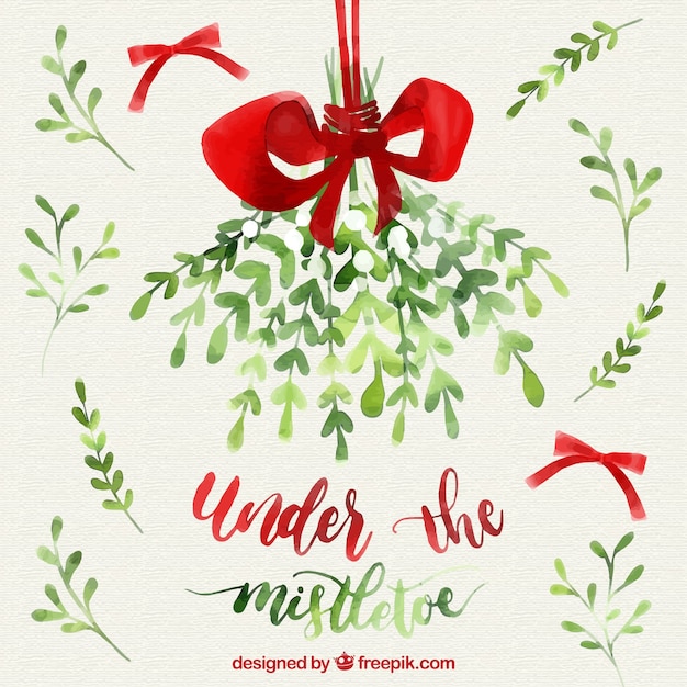 Free Vector background with bows and watercolor mistletoe