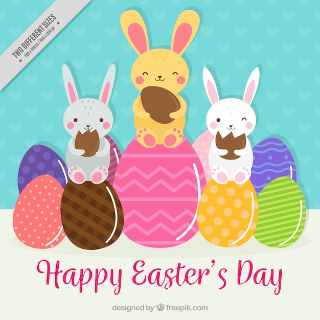 Background with bunnies and colorful easter eggs