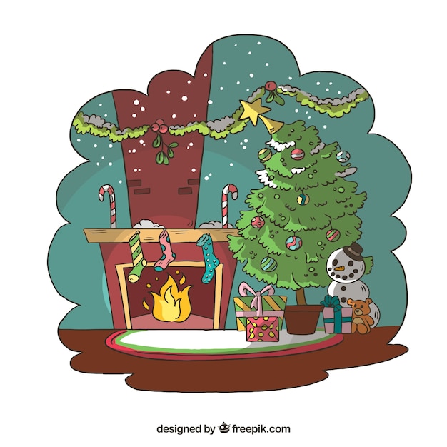 Free Vector background with christmas hand drawn living room