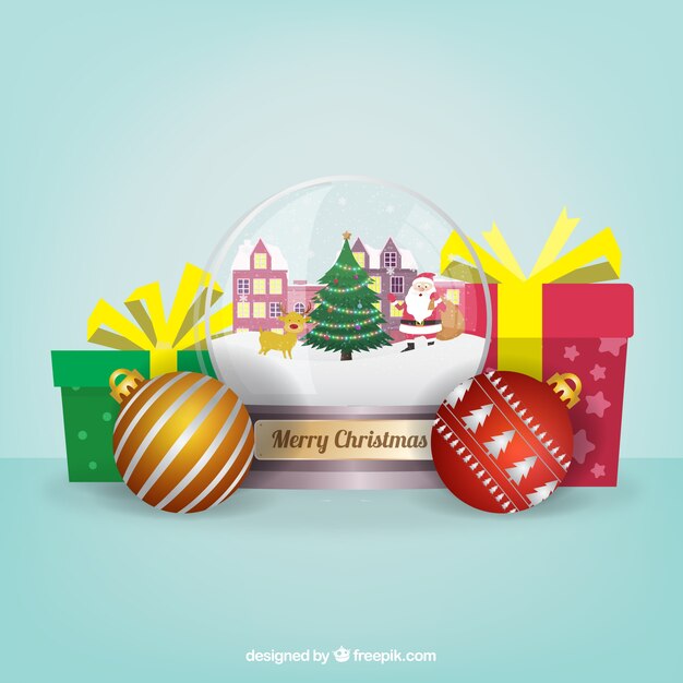 Background with christmas snowglobe and gifts