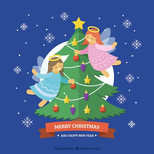 Background with a christmas t tree and two flying angels