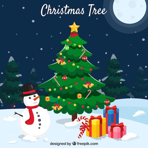 Background with a christmas tree, snowman and presents