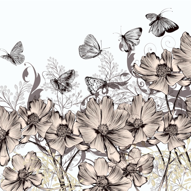 Free vector background with flowers and butterflies