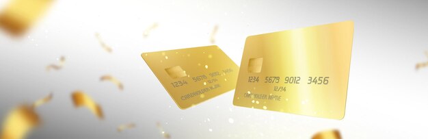 Background with gold credit cards and confetti flying on defocused backdrop. Golden Vip bank client financial service, congratulations, business presentation, ads Realistic 3d vector template design