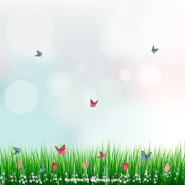 Free Vector background with grass and butterflies