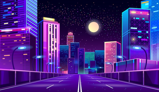 Free Vector background with night city in neon lights