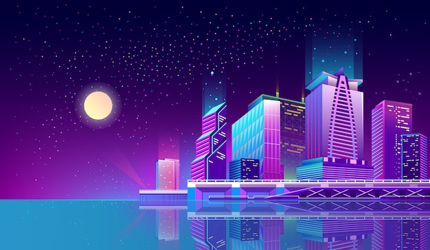 Free Vector background with night city in neon lights