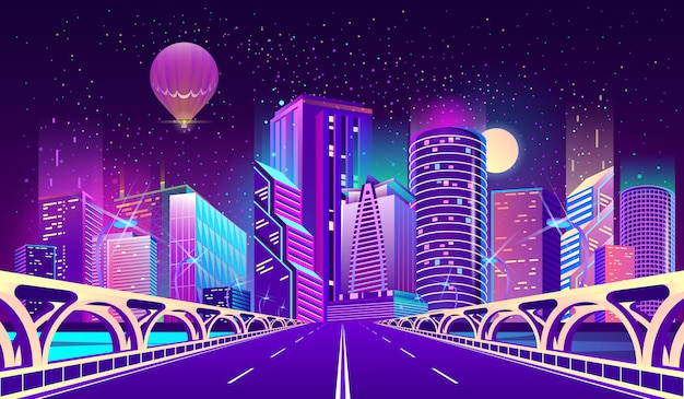 Free Vector background with night city in neon lights