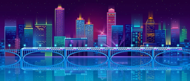 Free Vector background with night city in neon lights