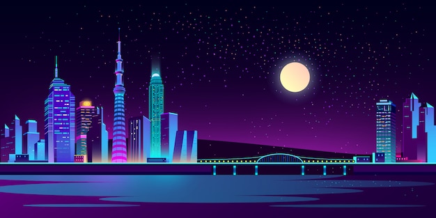 Free Vector background with night city in neon lights