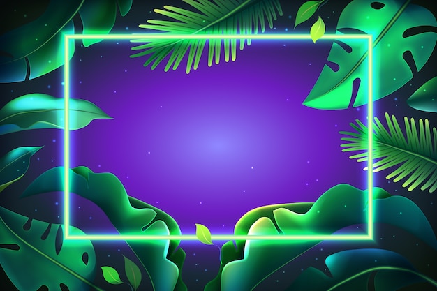 Free vector background with realistic leaves with neon frame style