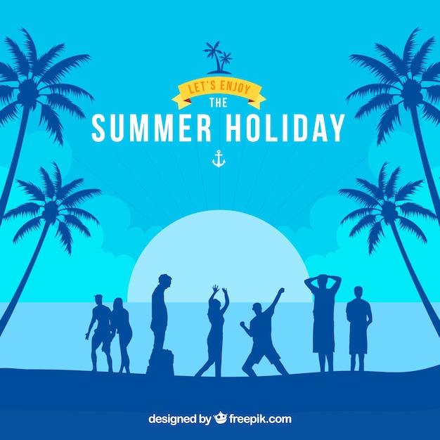 Free Vector background with silhouettes of young people on the beach