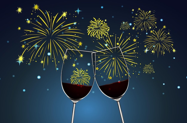 Background with two glasses of champagne and fireworks