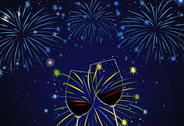 Background with two glasses of champagne and fireworks