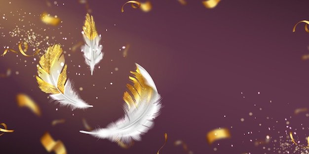 Background with white feathers with gold glitter, confetti and empty space. Vector poster with realistic illustration of flying golden colored bird or angel quills, sparkles and ribbons