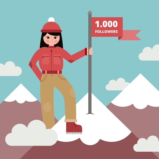 Free vector background of woman with a banner on top of the mountain in flat design