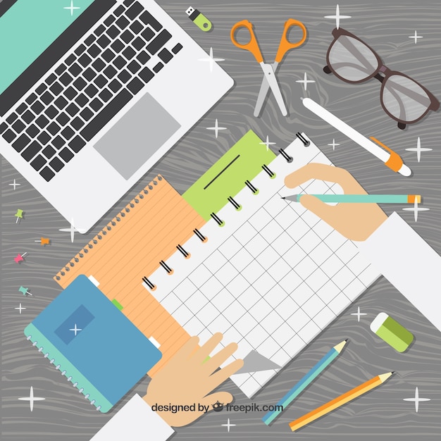 Free Vector background of workspace in top view and flat design