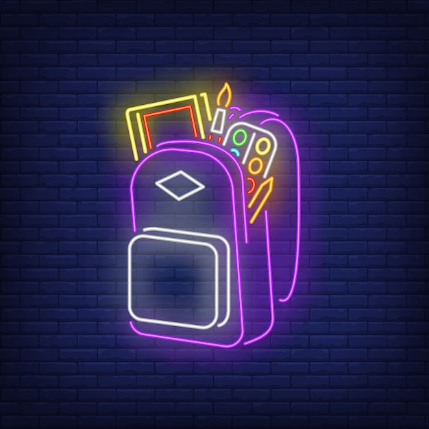 Backpack with artist's materials neon sign