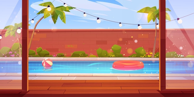 Free Vector backyard swimming pool behind open glass door vector cartoon illustration of patio with wooden floor poolside tropical garden with palm trees and flowers brick fence garland lights sunny day