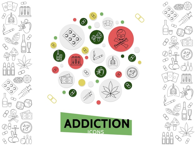 Bad habits template with line icons of dangerous harmful addictions in circles isolated vector illustration