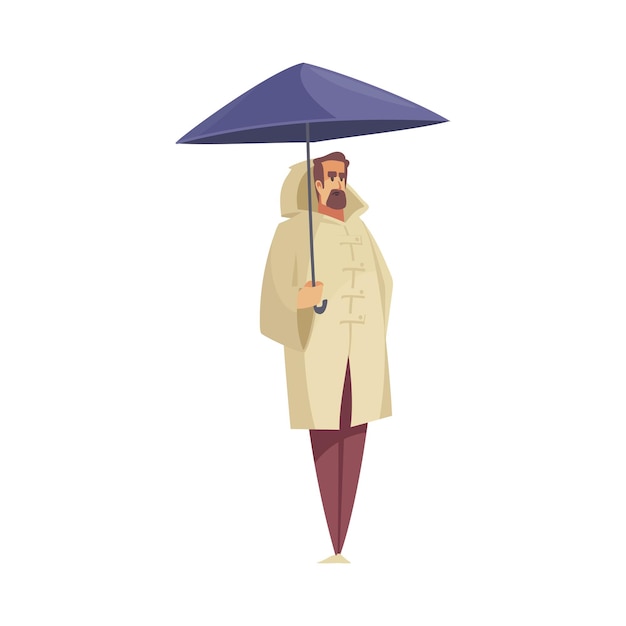 Free vector bad weather rain composition with isolated character of bearded man wearing coat holding umbrella vector illustration