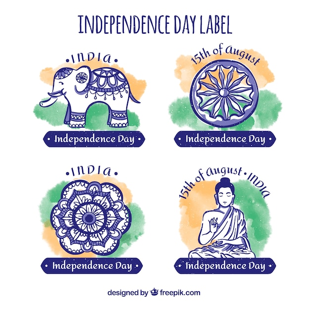 Free Vector badge collection for indian independence day in watercolor style