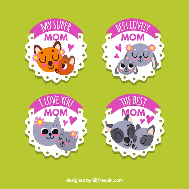 Free Vector badges collection with cute animals for the mother's day