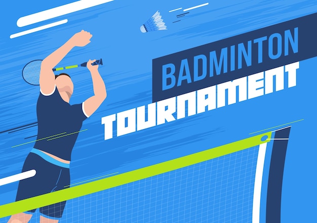 Free Vector badminton tournament flat horizontal poster with male player in motion hitting shuttlecock with racquet across net vector illustration