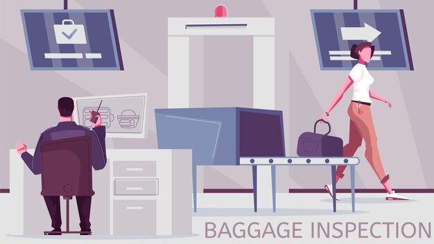 Baggage check illustration and border inspection post with equipment for luggage screening 