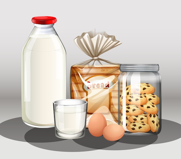 Baked goods with bottle of milk and two eggs in a group