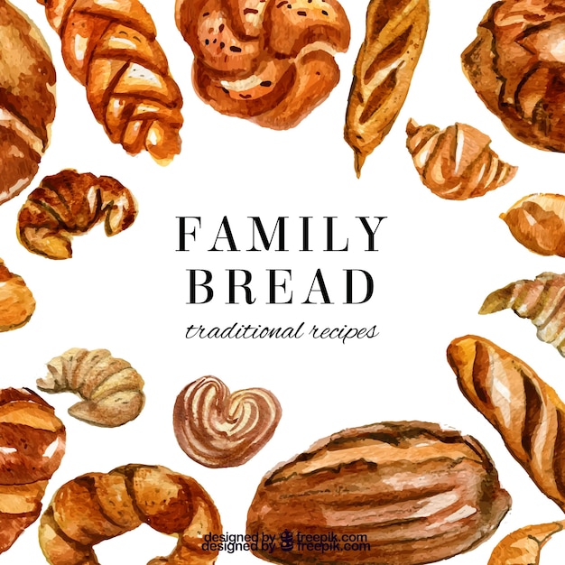 Bakery background with bread and pastries in watercolor style