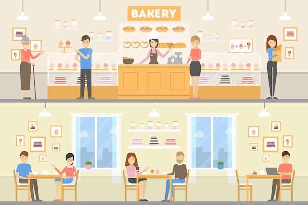 Bakery cafe set Illustrations of bakery with visitors and pastry Inside interior