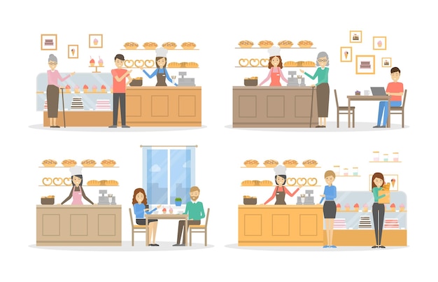 Bakery cafe set Illustrations of bakery with visitors and pastry on white background