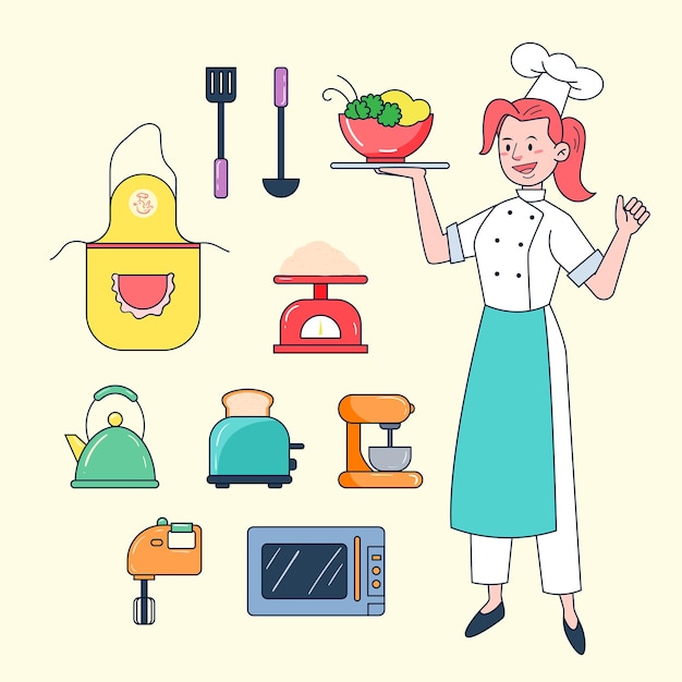 Bakery chef cook with his kitchen tools such as such as Apron, Turner, Ladle, Scale, Kettle, Toaster, Egg Beater, Blender, Oven, Microwave, Vegetable, Flour, Bread, Hat