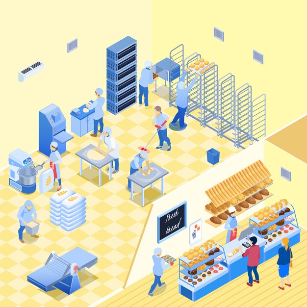 Bakery inside with staff during work and shop with bread pastry and customers isometric vector illustration