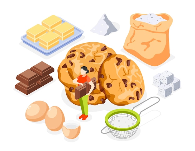 Bakery isometric icons set of flour sugar butter eggs chocolate and prepared cookies isolated