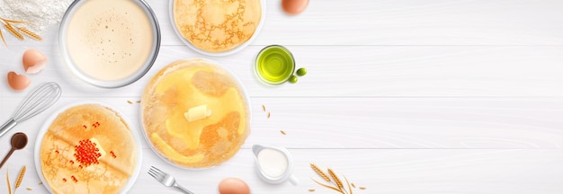 Free Vector bakery pancake realistic composition with top view of dishes with ready pancakes and ingredients with kitchenware vector illustration