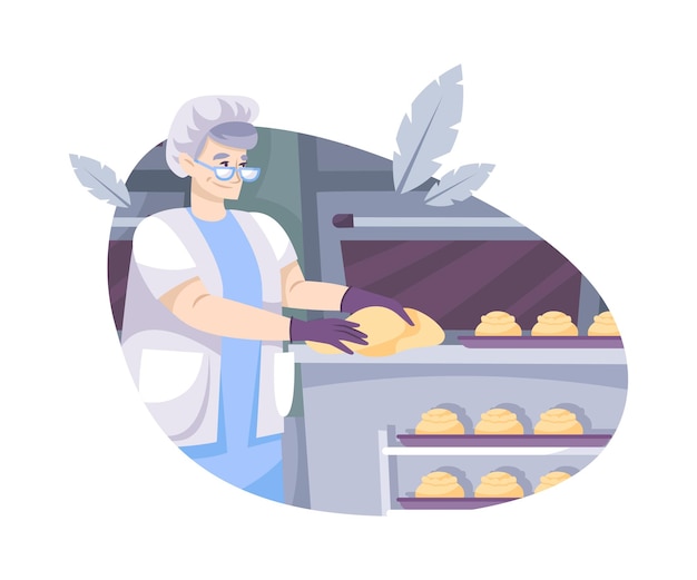 Free vector bakery set flat composition with character of elderly woman shaping pastry in kitchen