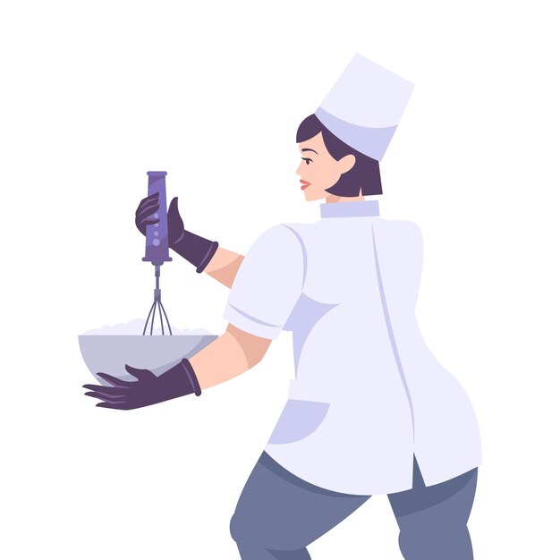 Bakery set flat composition with female cook character holding dish and whisk broom