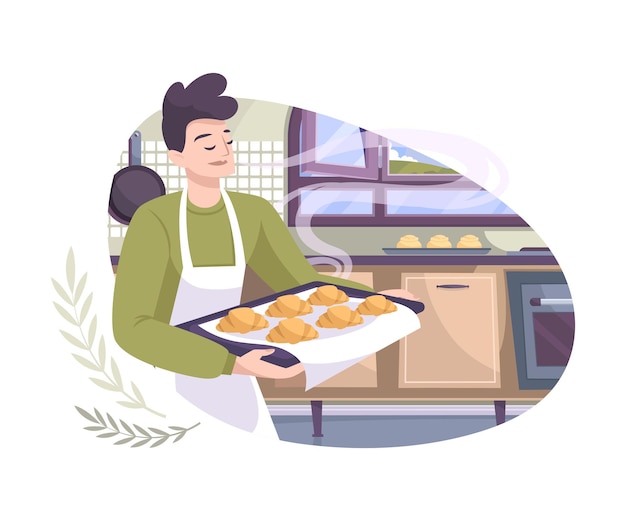 Free Vector bakery set flat composition with view of kitchen and man holding tray with croissants