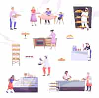 Free vector bakery set with flat icons of baked foods and kitchen utensils with bakers and visitor characters vector illustration