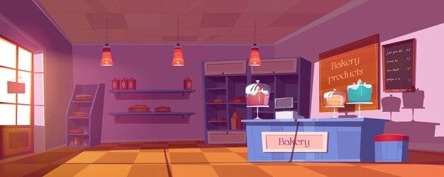 Bakery shop interior with cakes, bread and pastry on showcase and shelves.